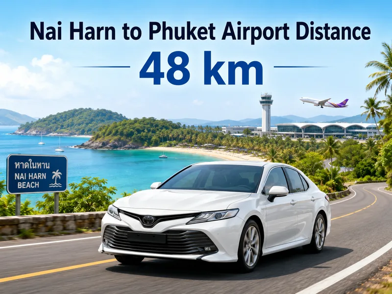 Road distance from Nai Harn Beach to Phuket airport, 48 km