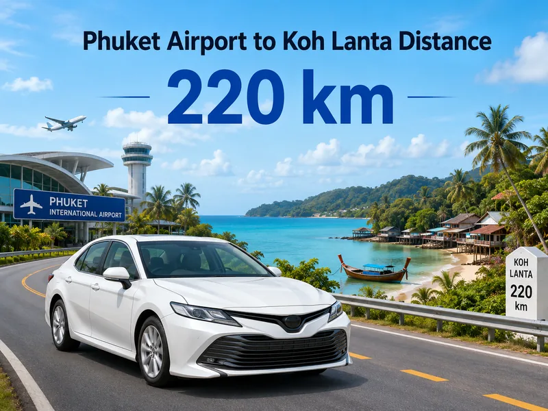 Road and ferry route from Phuket airport to Koh Lanta, 205 km via Highway 4 and the Ban Hua Hin pier